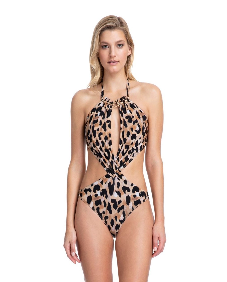 One Pieces Gottex | Gold Chain Plunge Halter Cut Out One Piece Swimsuit Gottex Kenya