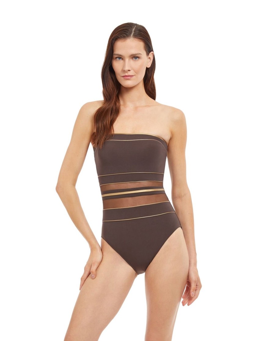 One Pieces Gottex | Gottex Onyx Bandeau Strapless One Piece Swimsuit Gottex Onyx Brown And Gold