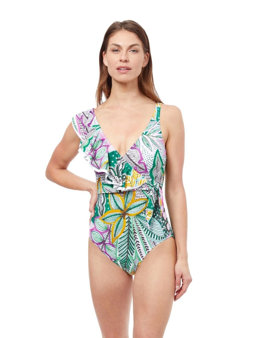 One Pieces Profile by Gottex | Profile By Gottex Tropic Boom V-Neck Surplice Ruffle One Piece Swimsuit