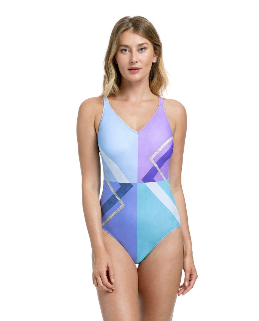 One Pieces Gottex | Gottex Modern Art Full Coverage V-Neck High Back One Piece Swimsuit Gottex Modern Art Blue