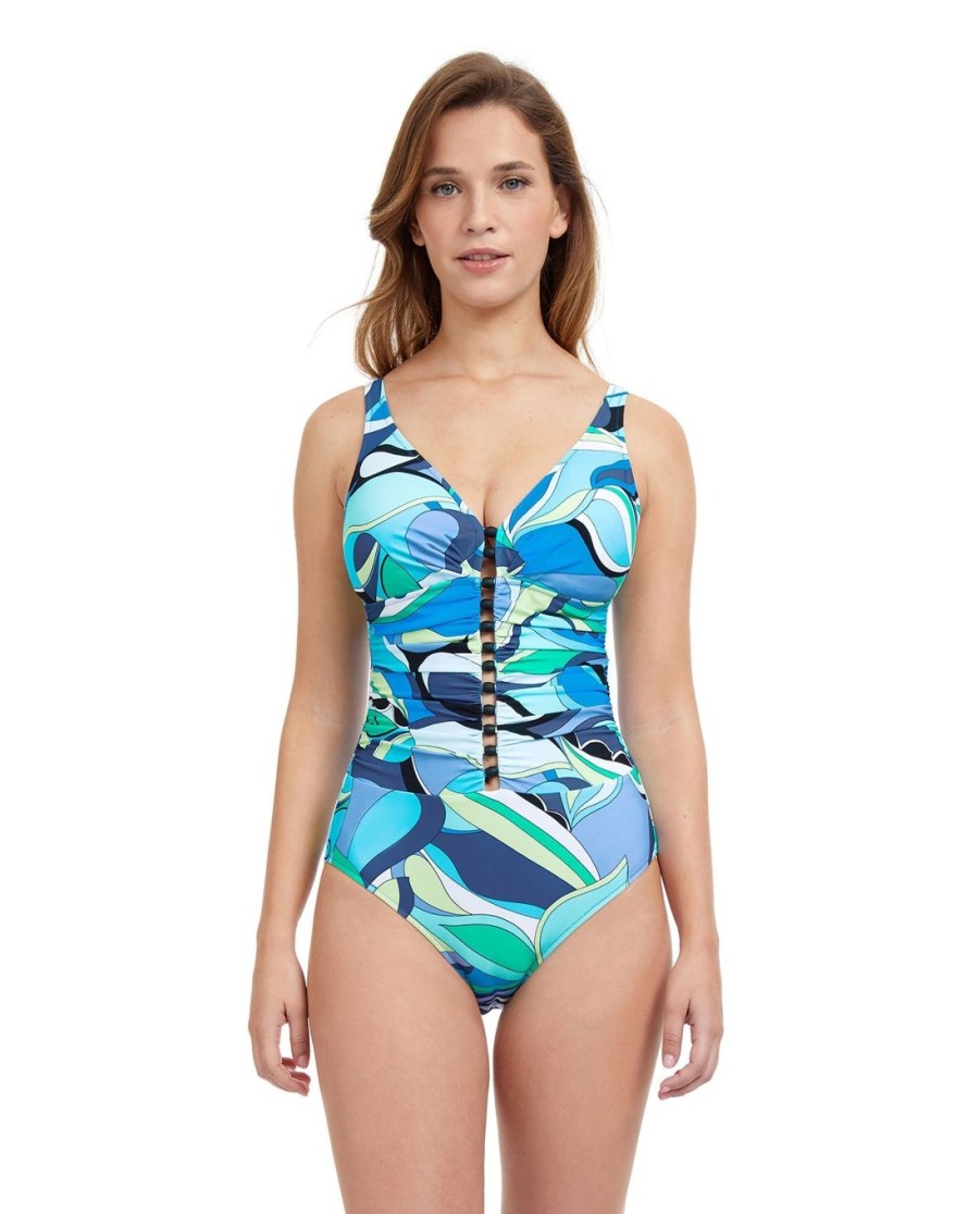 D-G Cup Profile by Gottex | Profile By Gottex Retro Love D-Cup V-Neck Shirred One Piece Swimsuit Profile Retro Love Blue