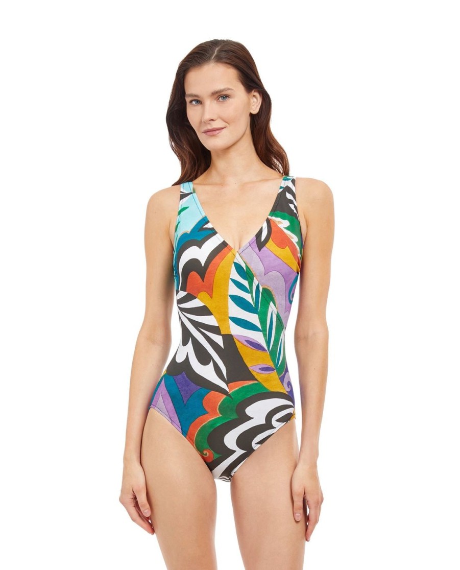 One Pieces Gottex | Full Coverage V-Neck Surplice One Piece Swimsuit Gottex Tribal Art