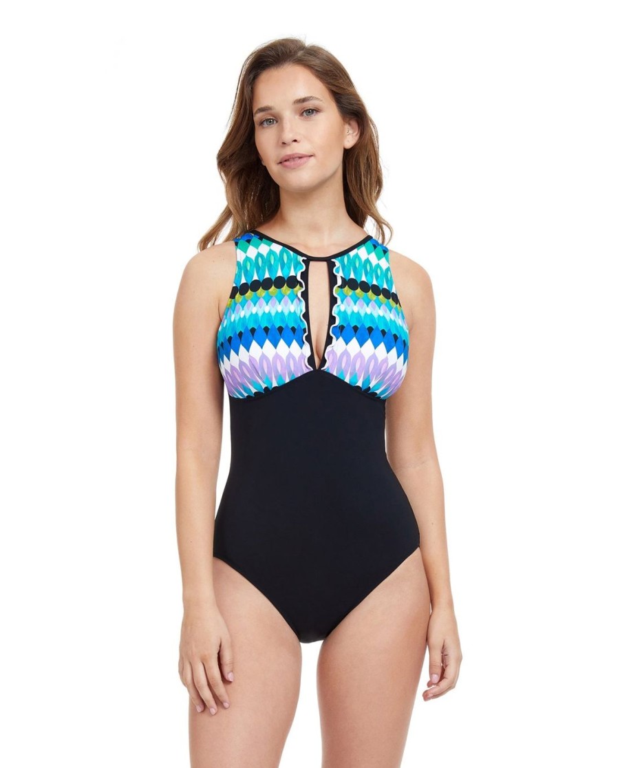 One Pieces Profile by Gottex | Profile By Gottex Moroccan Escape High Neck Cut Out One Piece Swimsuit Profile Moroccan Escape Blue