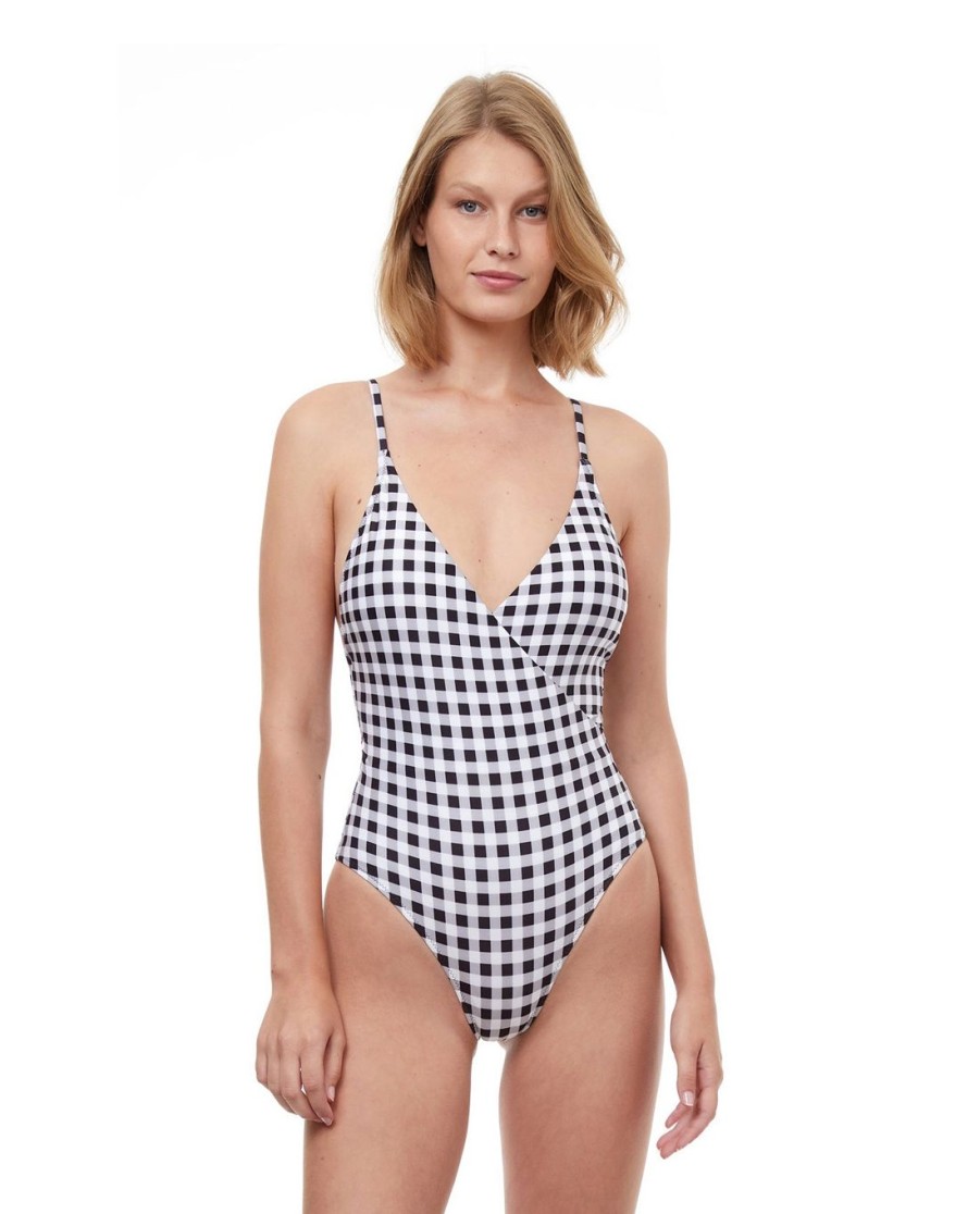 One Pieces Gottex Luma | Luma Retro Glow V-Neck Over The Shoulder Surplice One Piece Swimsuit Luma Retro Glow Black And White