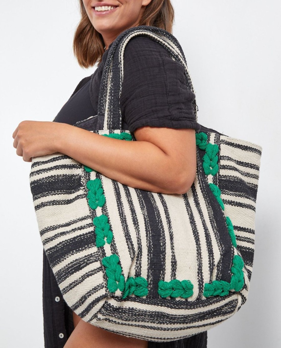 Accessories Gottex Accessories | Gottex Pom Pom Striped Cotton Bag Gottex Green Pom Pom