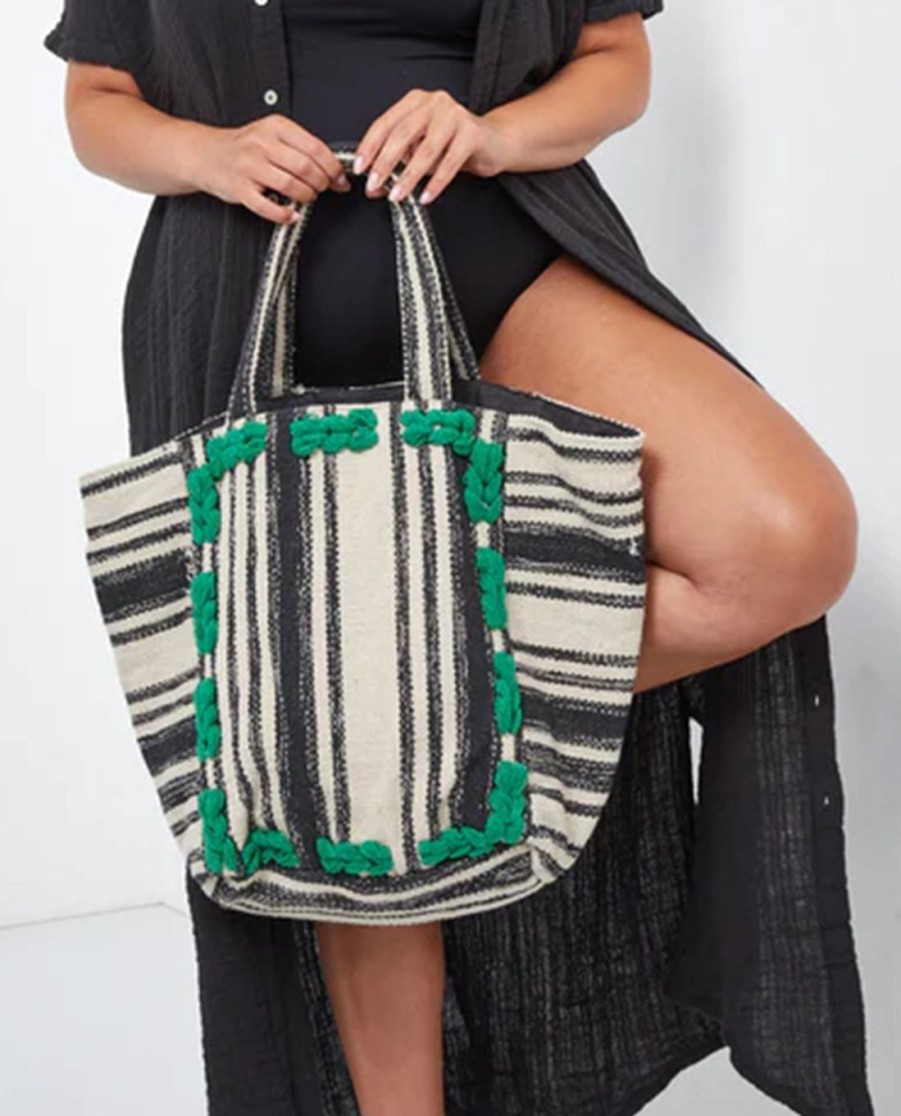 Accessories Gottex Accessories | Gottex Pom Pom Striped Cotton Bag Gottex Green Pom Pom