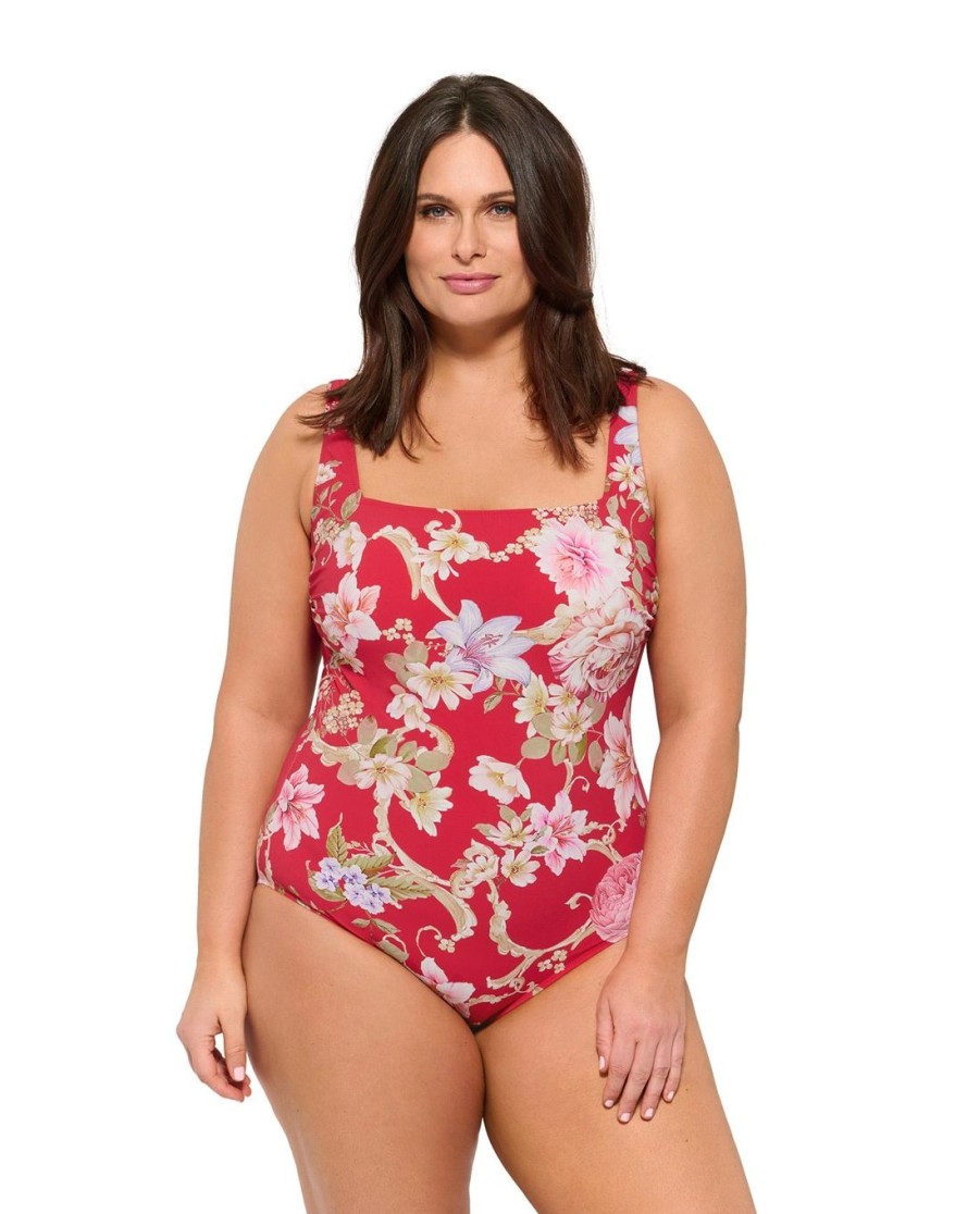 Plus Size Gottex | Gottex Hitachi Plus Size Square Neck One Piece Swimsuit Gottex Hitachi Red