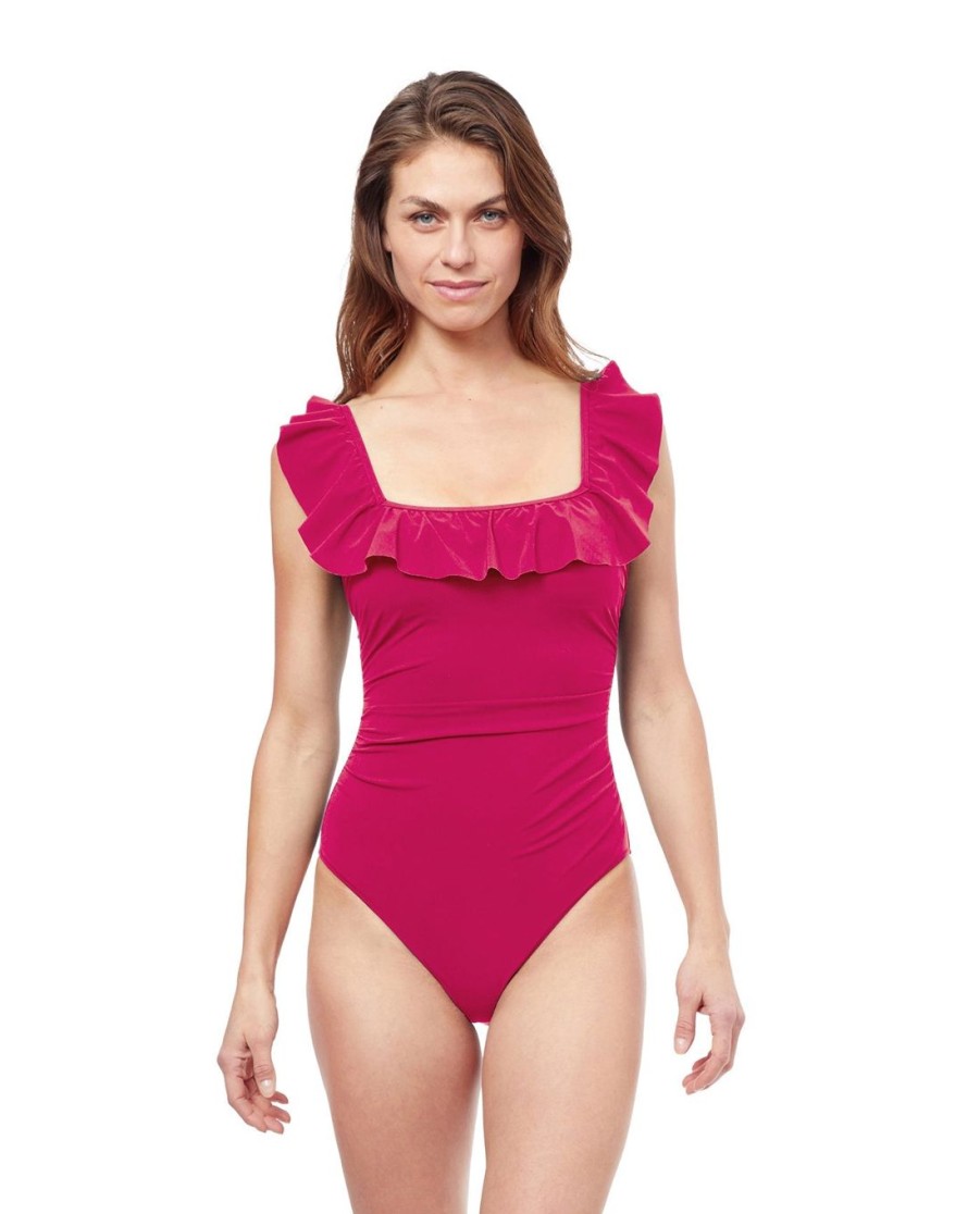 One Pieces Profile by Gottex | Profile By Gottex Tutti Frutti Square Neck Ruffle One Piece Swimsuit Profile Tutti Frutti Cherry