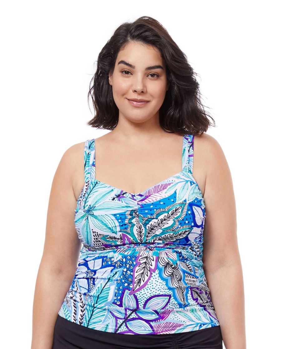 Plus Size Profile by Gottex | Profile By Gottex Tropic Boom Plus Size Shirred Underwire Tankini Top Profile Tropic Boom Blue