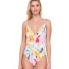 One Pieces Gottex | Gottex Aquarelle Plunge Zip Front Strappy Back One Piece Swimsuit Gottex Aquarelle Yellow