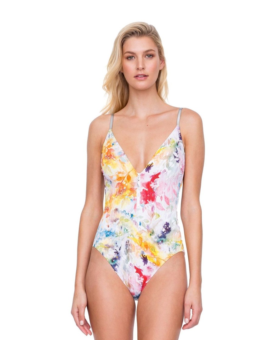 One Pieces Gottex | Gottex Aquarelle Plunge Zip Front Strappy Back One Piece Swimsuit Gottex Aquarelle Yellow