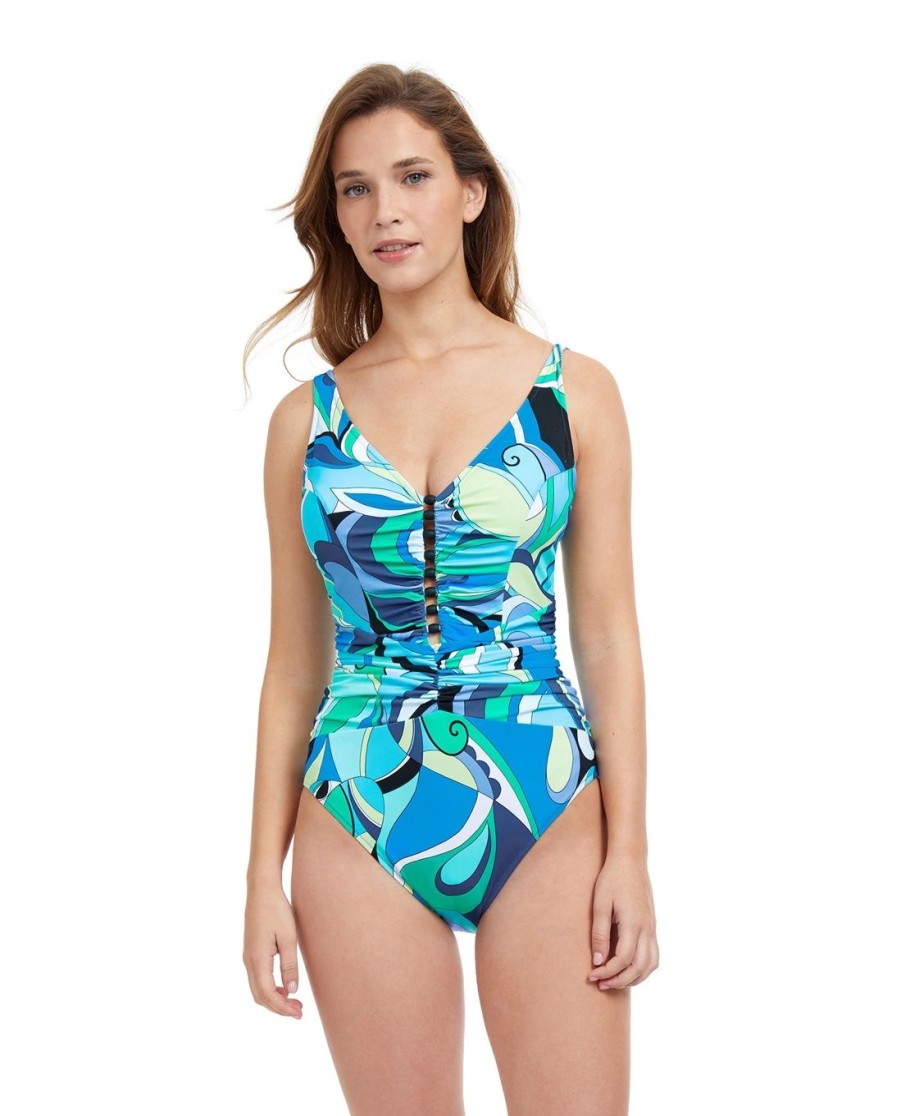 One Pieces Profile by Gottex | Profile By Gottex Retro Love V-Neck Shirred Waist One Piece Swimsuit Profile Retro Love Blue