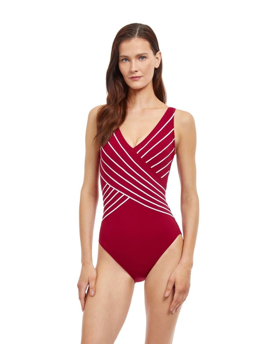 One Pieces Gottex | Gottex Embrace V-Neck Surplice One Piece Swimsuit Gottex Embrace Raspberry And White