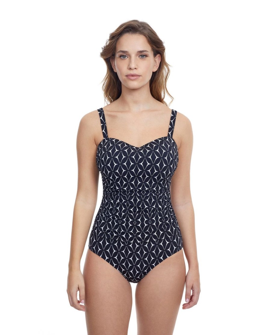 D-G Cup Profile by Gottex | Profile By Gottex Supreme D-Cup Scoop Neck Shirred Underwire One Piece Swimsuit Profile Supreme Black And White