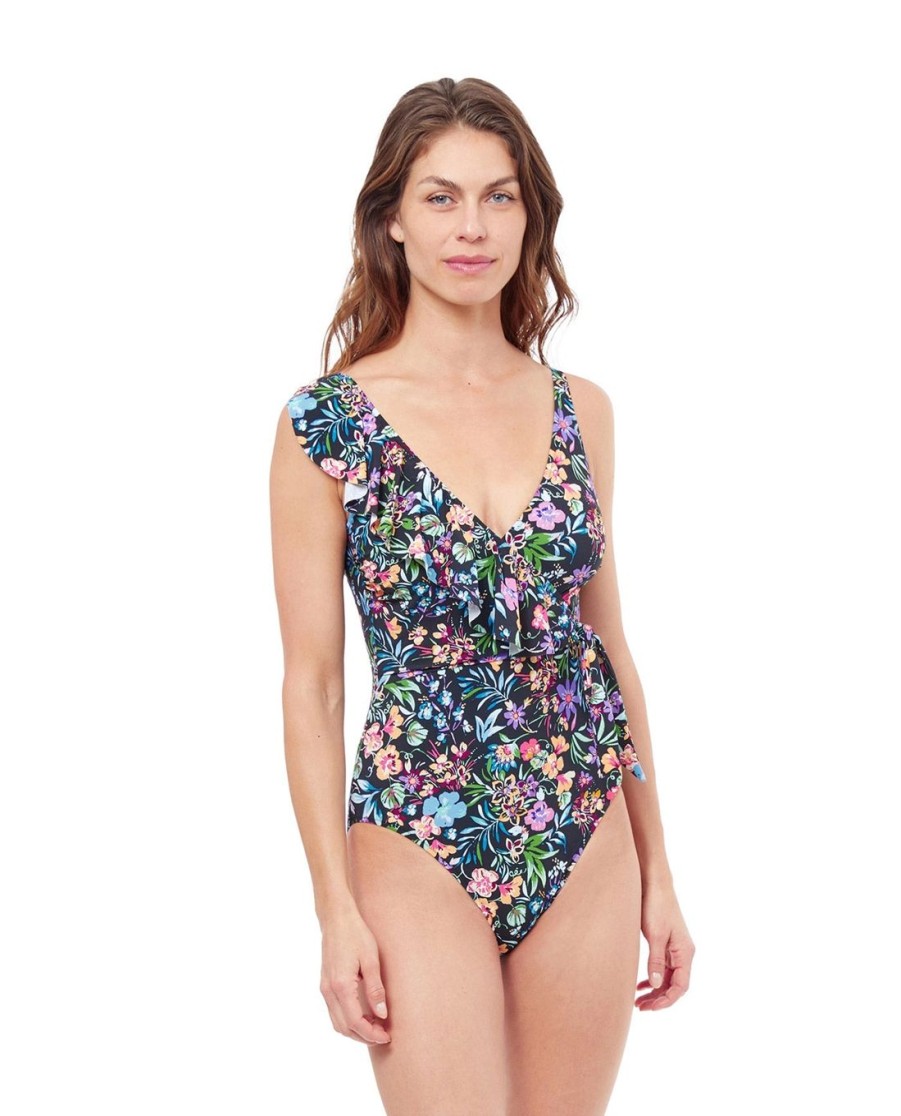 One Pieces Profile by Gottex | Profile By Gottex Flora V-Neck Surplice Ruffle One Piece Swimsuit Profile Flora Black