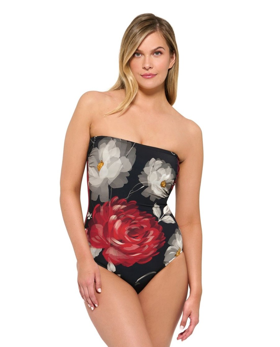 D-G Cup Gottex | Gottex Roses Are Red Dd-Cup Bandeau One Piece Swimsuit