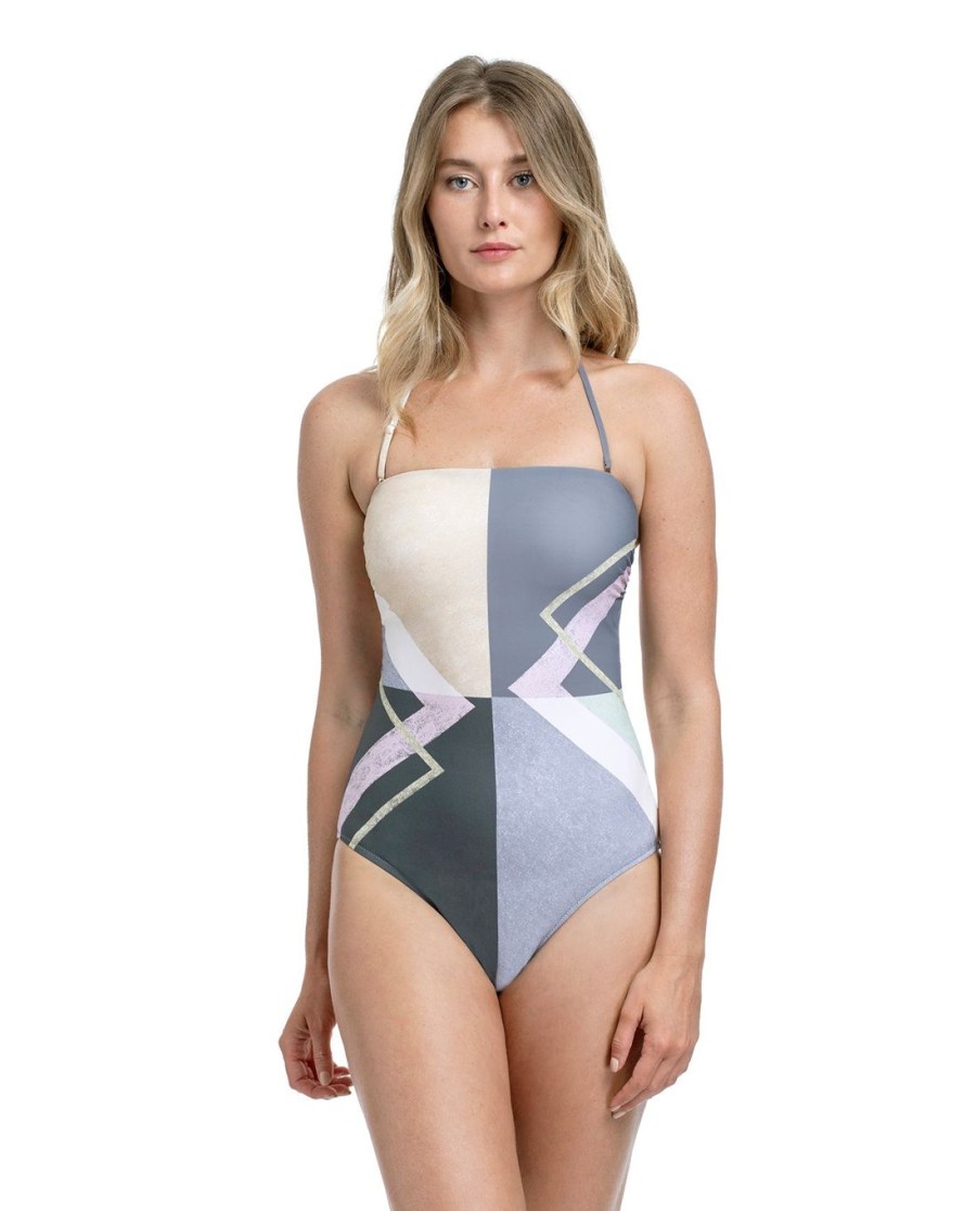 One Pieces Gottex | Gottex Modern Art Blue Bandeau Strapless One Piece Swimsuit Gottex Modern Art Grey