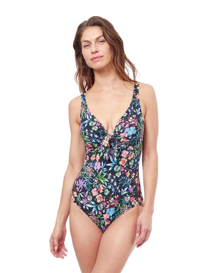 One Pieces Profile by Gottex | Profile By Gottex Flora Tie Front Underwire V-Neck One Piece Swimsuit Profile Flora Black