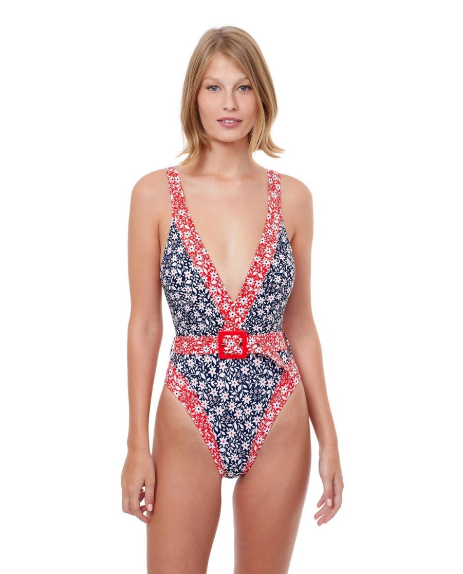 One Pieces Gottex Luma | Luma Shimmering Daisies V-Neck High Leg One Piece Swimsuit