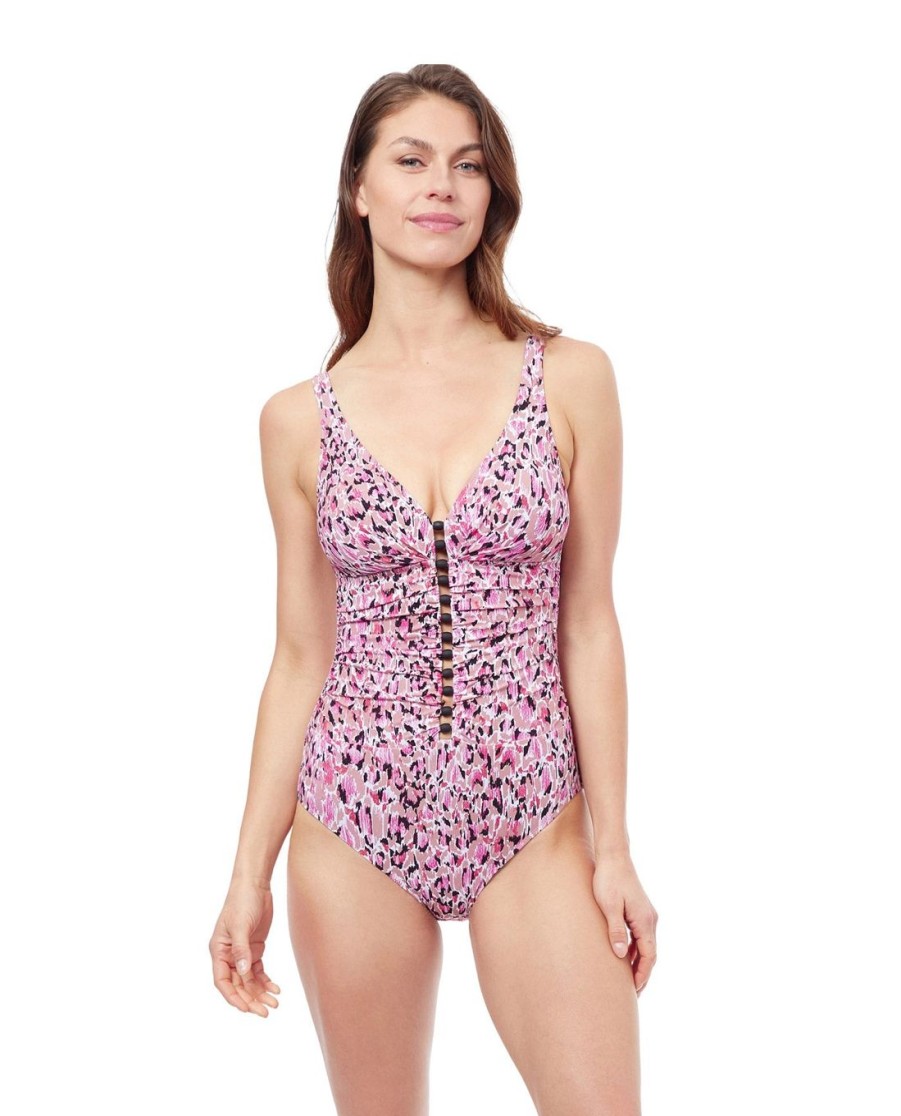 D-G Cup Profile by Gottex | Profile By Gottex Pretty Wild D-Cup V-Neck Shirred One Piece Swimsuit Profile Pretty Wild Pink