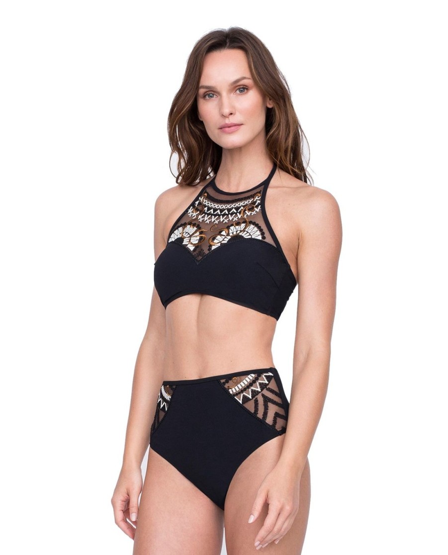 Bikinis Gottex | Queen Of Egypt Mesh Embroidered High Neck Velvet Bikini Top And Bottom Set Gottex Cleopatra