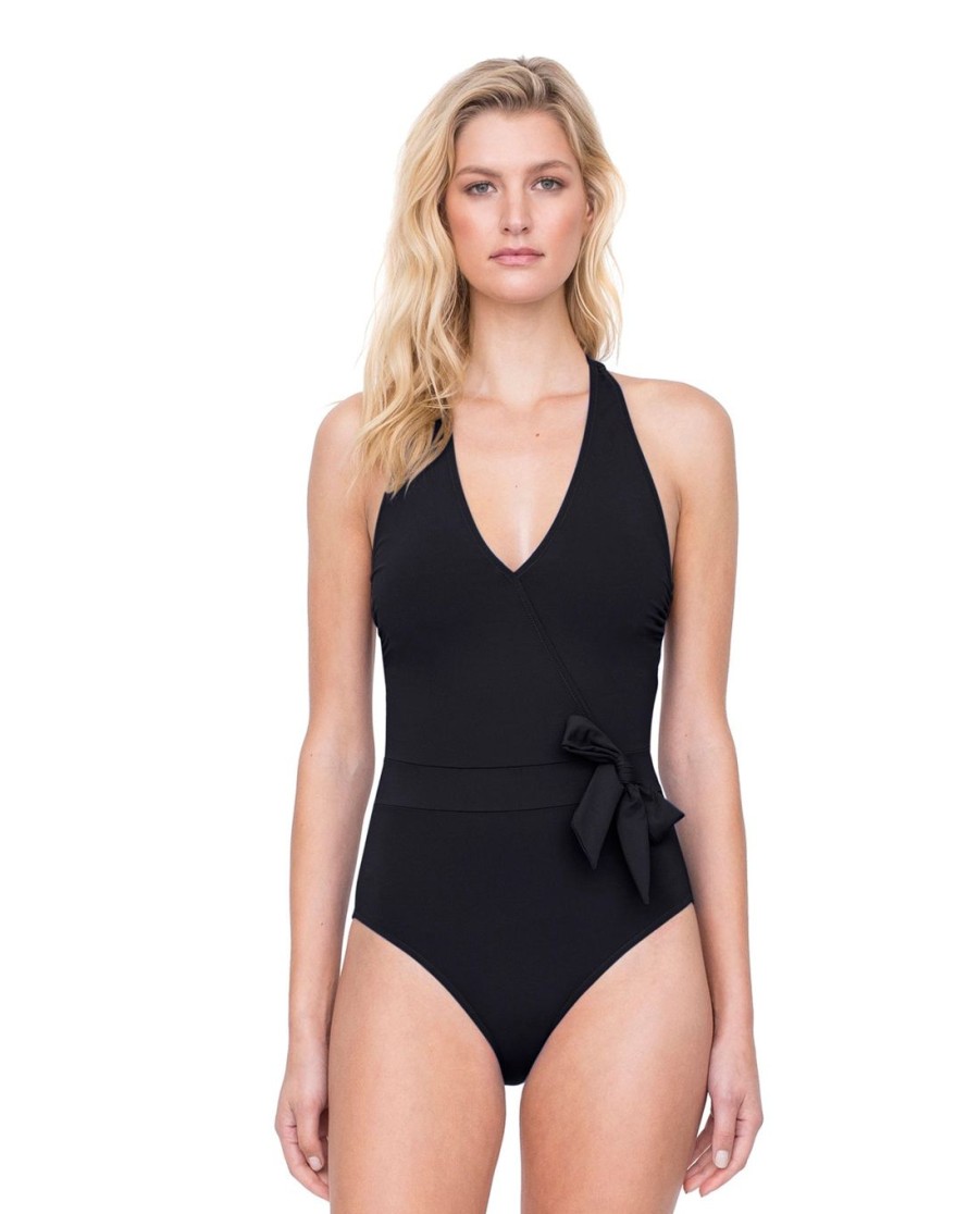 One Pieces Gottex | Gottex Au Naturel Halter Surplice Side Bow One Piece Swimsuit Gottex Au Naturel Black