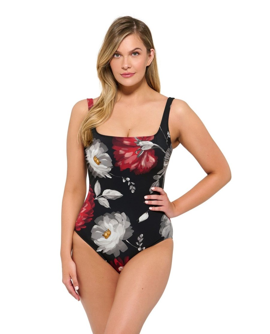 D-G Cup Gottex | Gottex Roses Are Red Full Coverage Dd-Cup Square Neck One Piece Swimsuit Gottex Roses Are Red Floral