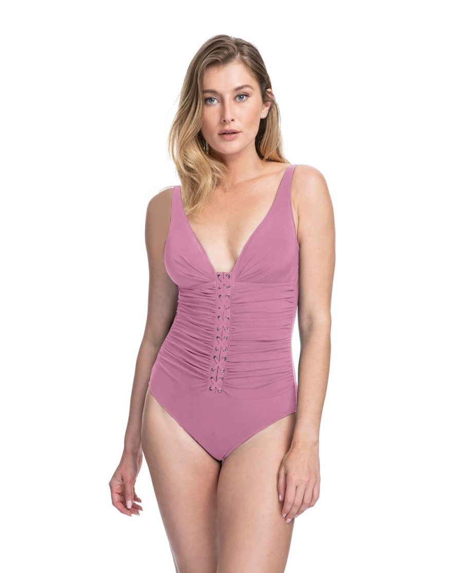 D-G Cup Profile by Gottex | Profile By Gottex Moto F-Cup Lace Up V-Neck Plunge Shirred One Piece Swimsuit