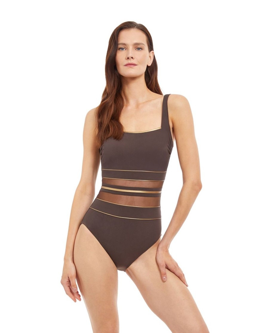 One Pieces Gottex | Gottex Onyx Square Neck One Piece Swimsuit Gottex Onyx Brown And Gold