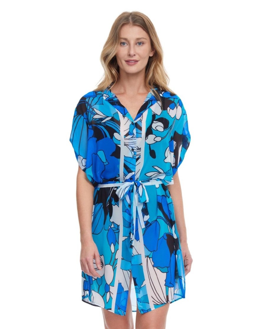 Cover Ups Gottex | Gottex Resortwear Floral Art Belted Cover Up Blouse Dress