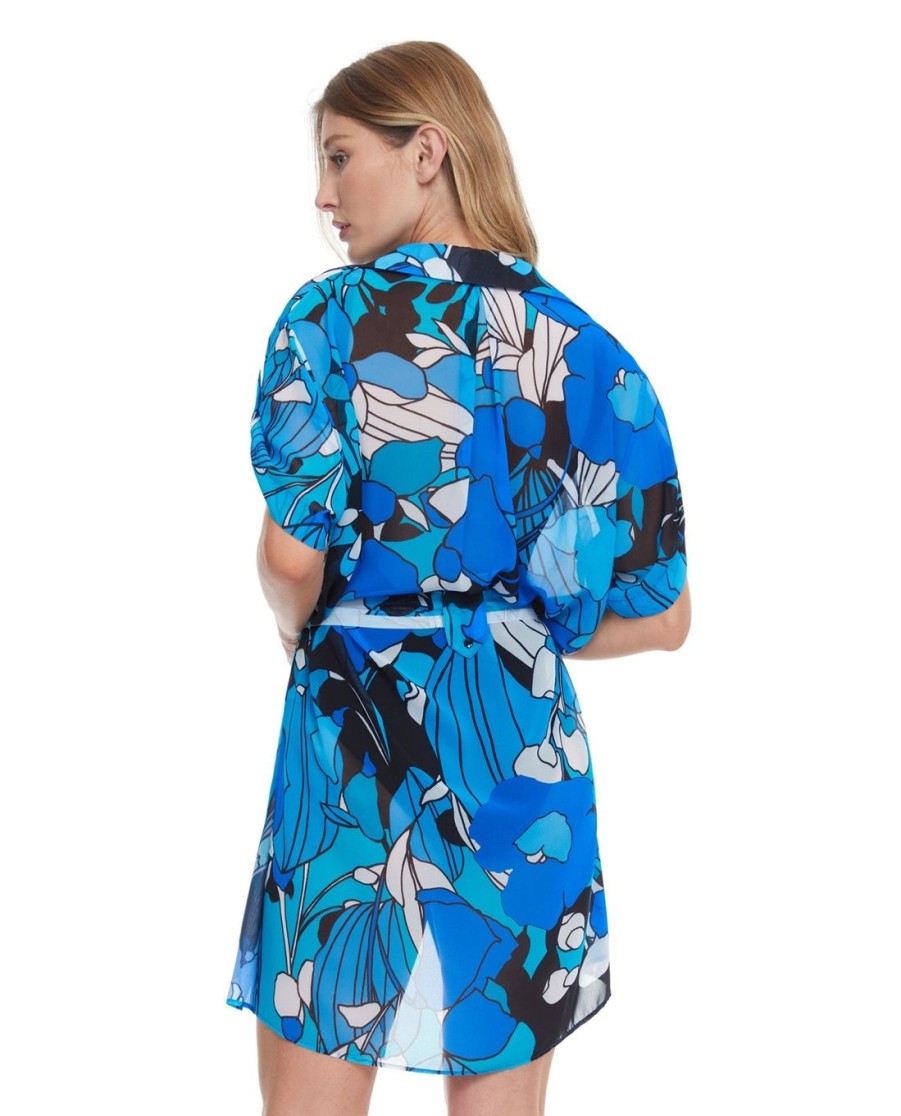 Cover Ups Gottex | Gottex Resortwear Floral Art Belted Cover Up Blouse Dress