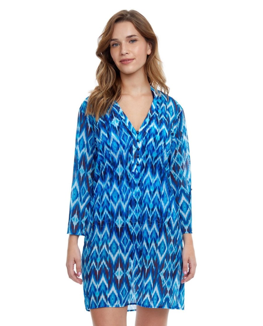 Cover Ups Profile by Gottex | Profile By Gottex Ocean Blues V-Neck Button Up Long Sleeve Mesh Tunic Profile Ocean Blues Blue