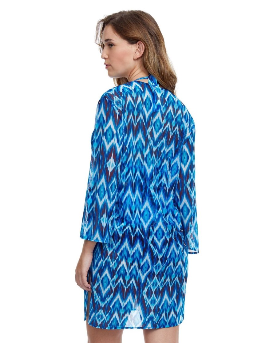 Cover Ups Profile by Gottex | Profile By Gottex Ocean Blues V-Neck Button Up Long Sleeve Mesh Tunic Profile Ocean Blues Blue