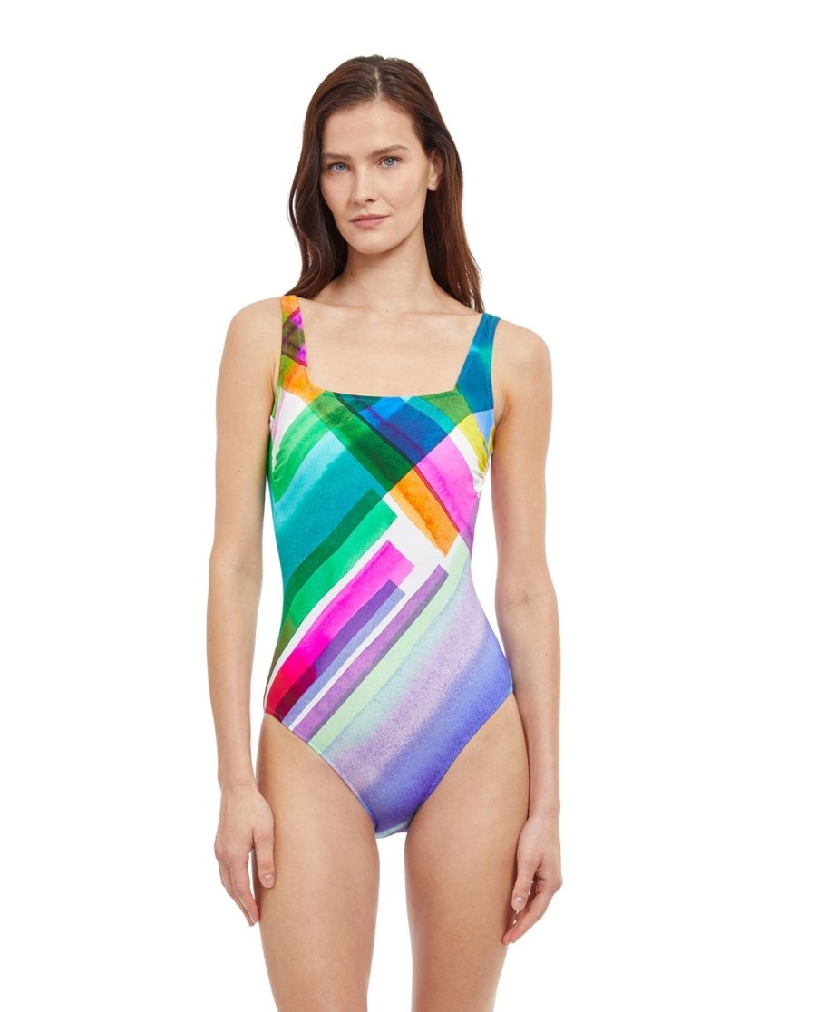 One Pieces Gottex | Full Coverage Square Neck One Piece Swimsuit Gottex Diagonal Dreams